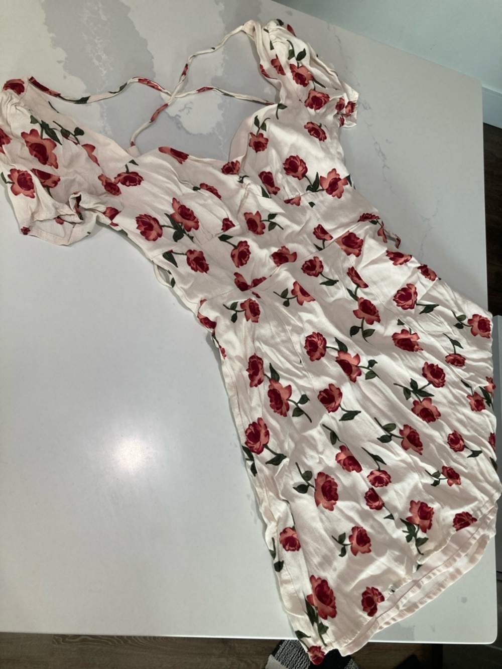 Backless Floral Mini Dress with Red Rose Print